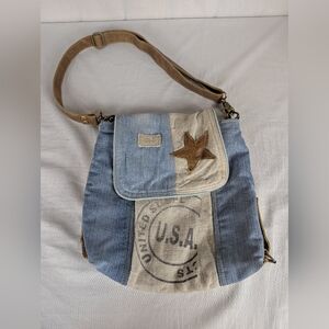 Myra Bag Upcycled Star USA Denim Canvas Leather Shoulder Bag Messenger Crossbody